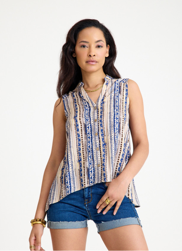 Shirt Collar Asymmetric Cut Beige Ethnic Blouse 4562